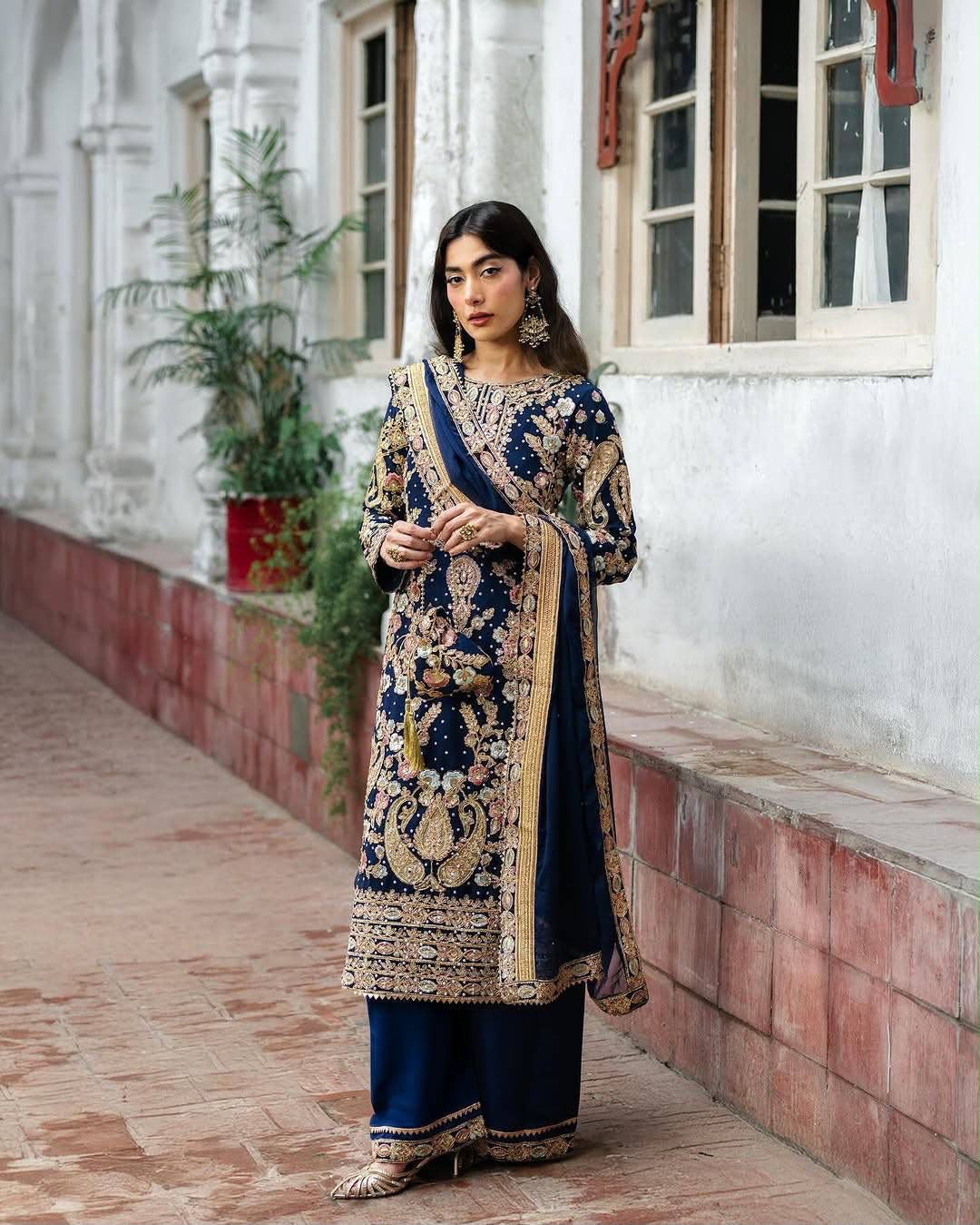 Georgette Embroidered Three-Piece Suit with Palazzo & Dupatta