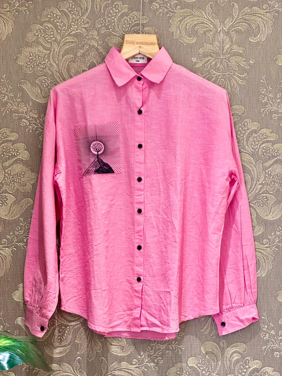 Vibrant Pink Button-Down with Graphic Tree Patch 1811