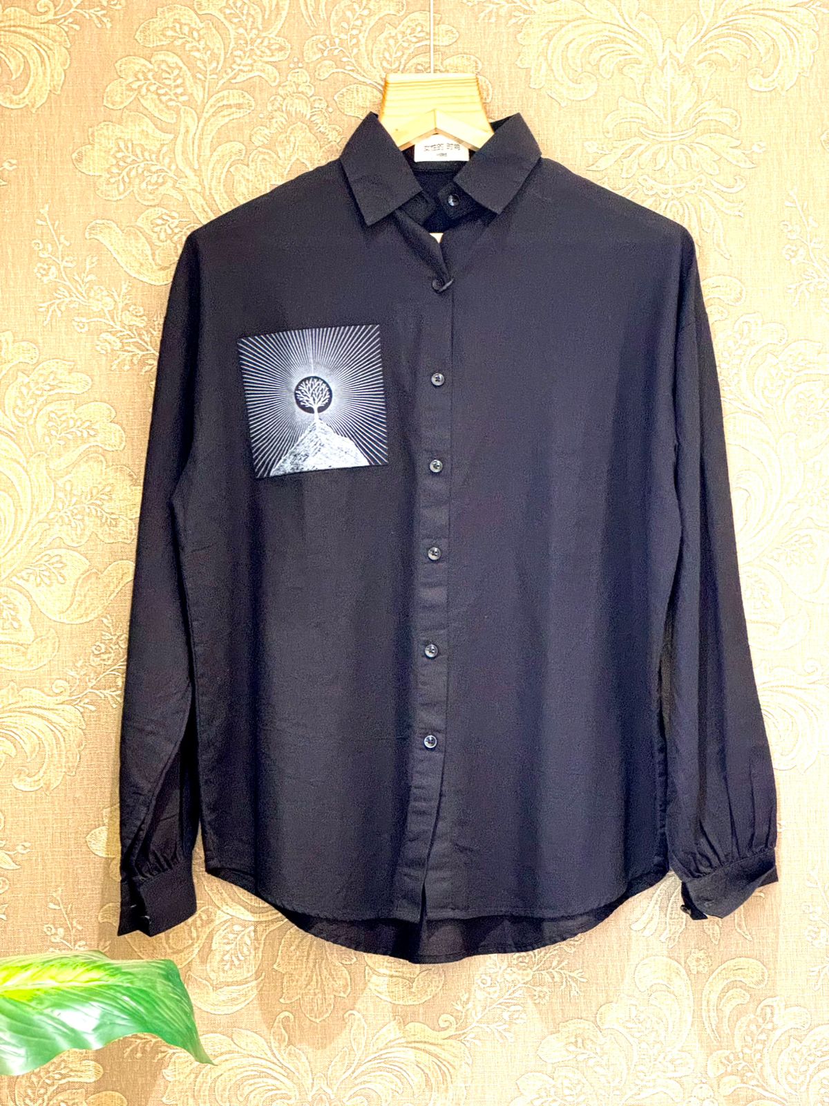 Striking Black Button-Down with Graphic Tree Patch 1805