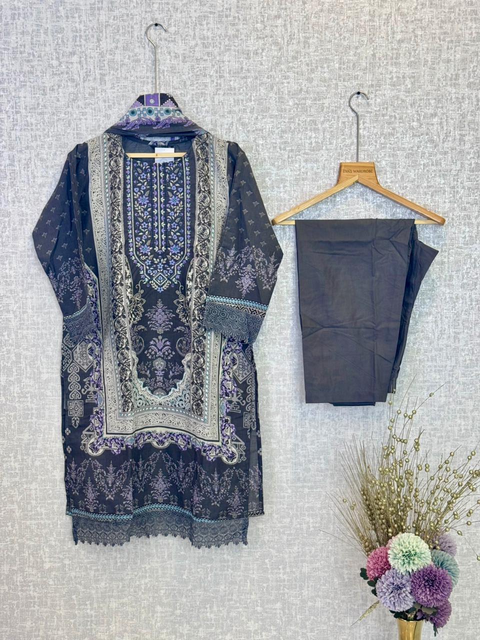 Slate – Intricate Motif Embroidered Three-Piece Suit 1155