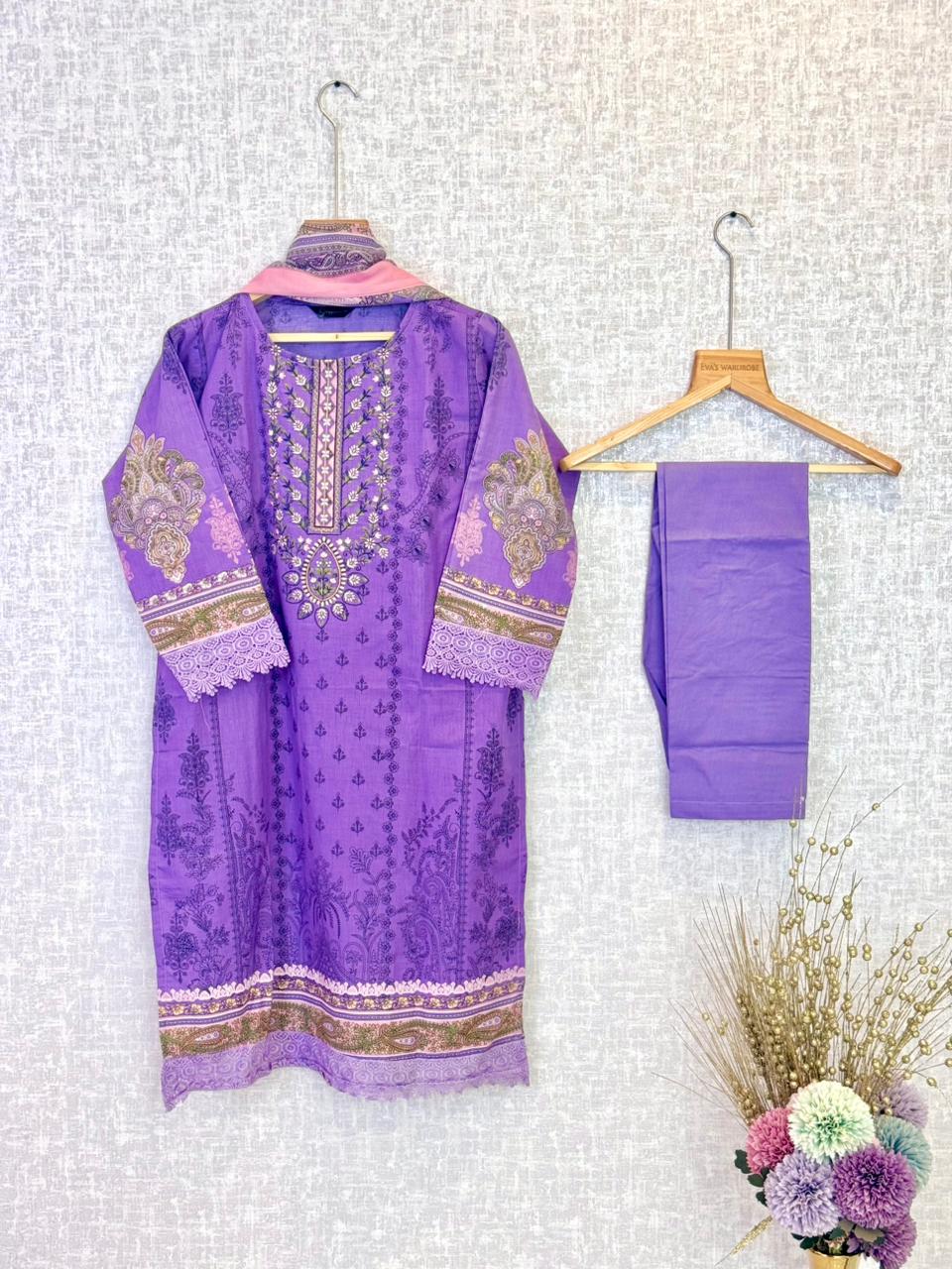 Lavender Luxe – Embroidered 3-Piece Festive Lawn Suit with Paisley Dupatta 1158