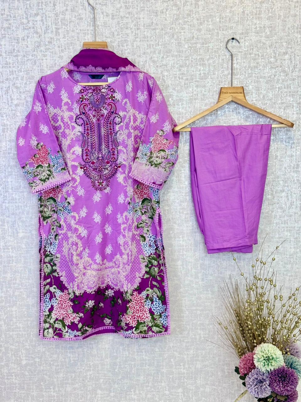 Lilac Garden – Floral Embroidered Three-Piece Festive Suit 1202