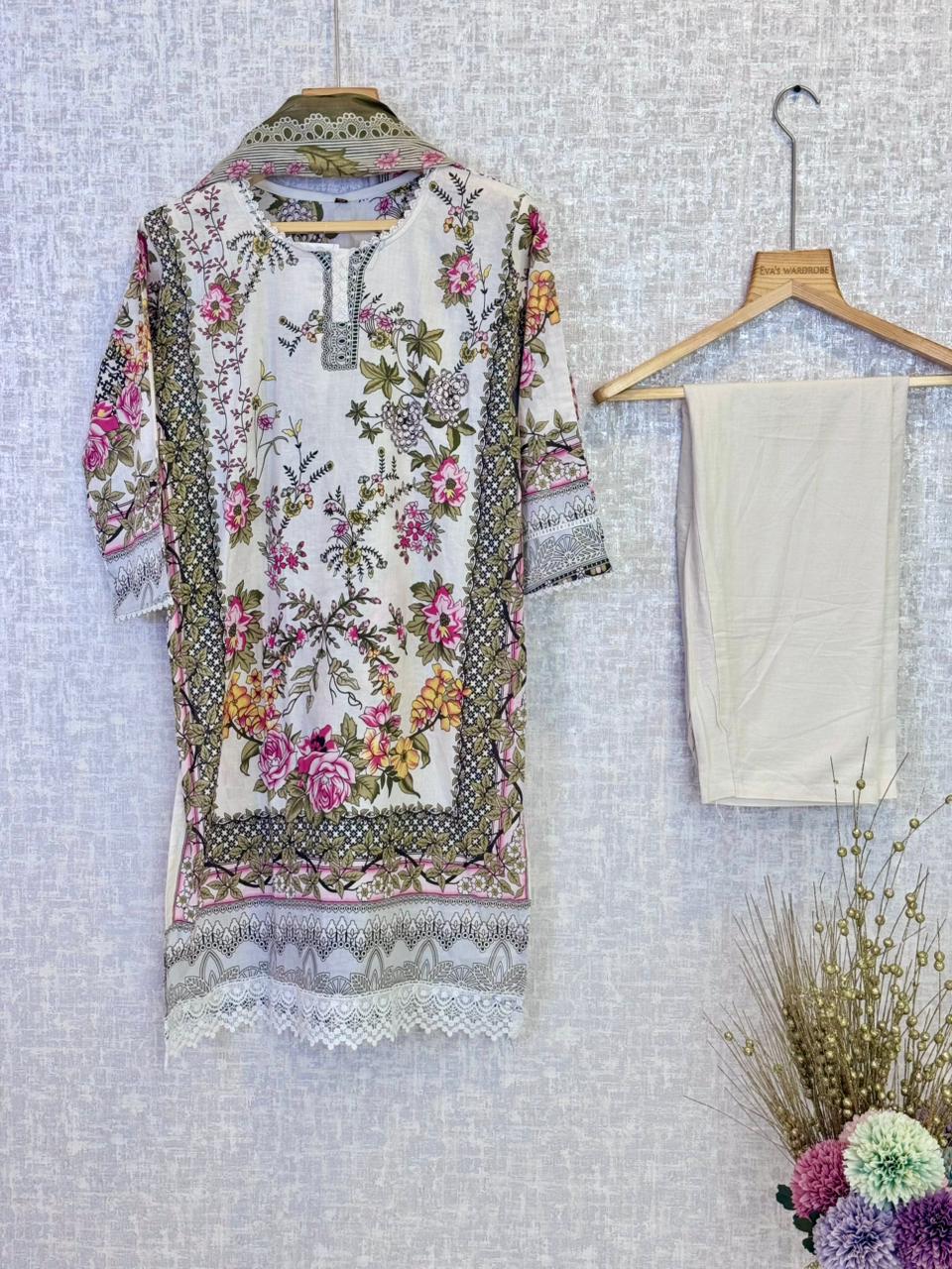 Ivory Orchard – Floral Bordered Three-Piece Lawn Suit 1209
