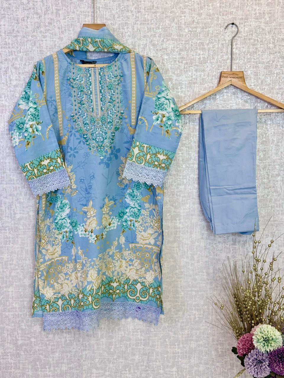 Azure Serenity – Sky Blue Embroidered Three-Piece Lace Ensemble 1212