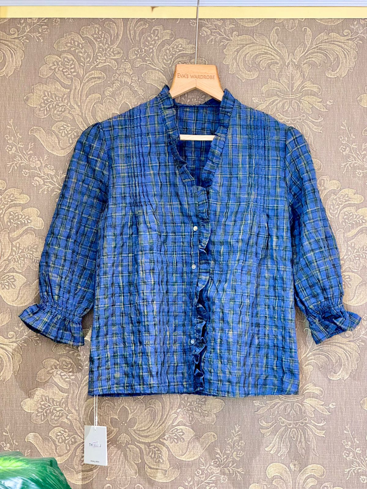 Gemini said Cobalt Harvest Plaid Crinkle Short Top with Ruffles 1753