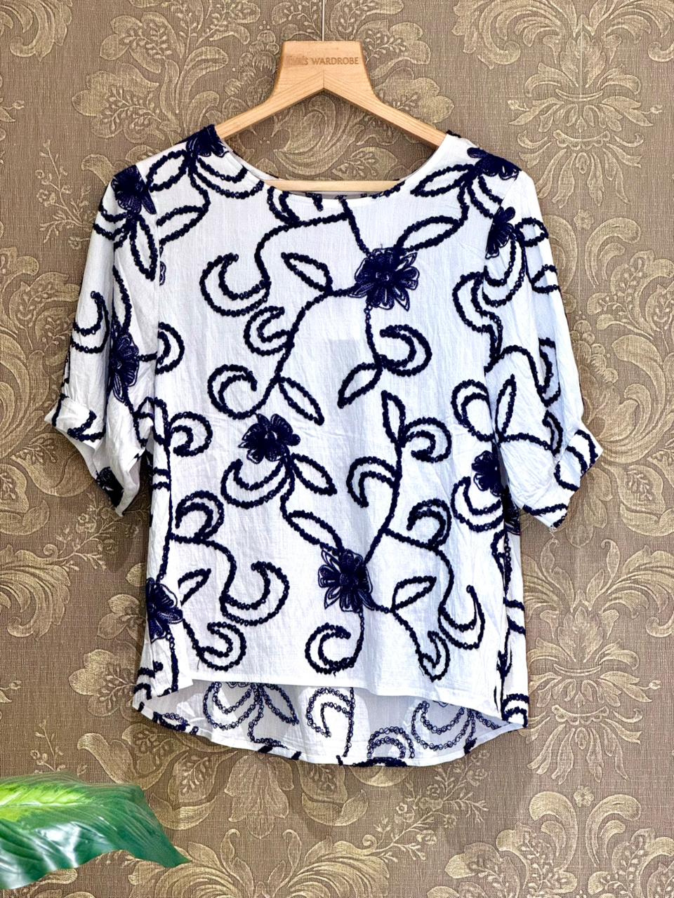 Navy Floral Embroidered White Short-Sleeve Top 1740