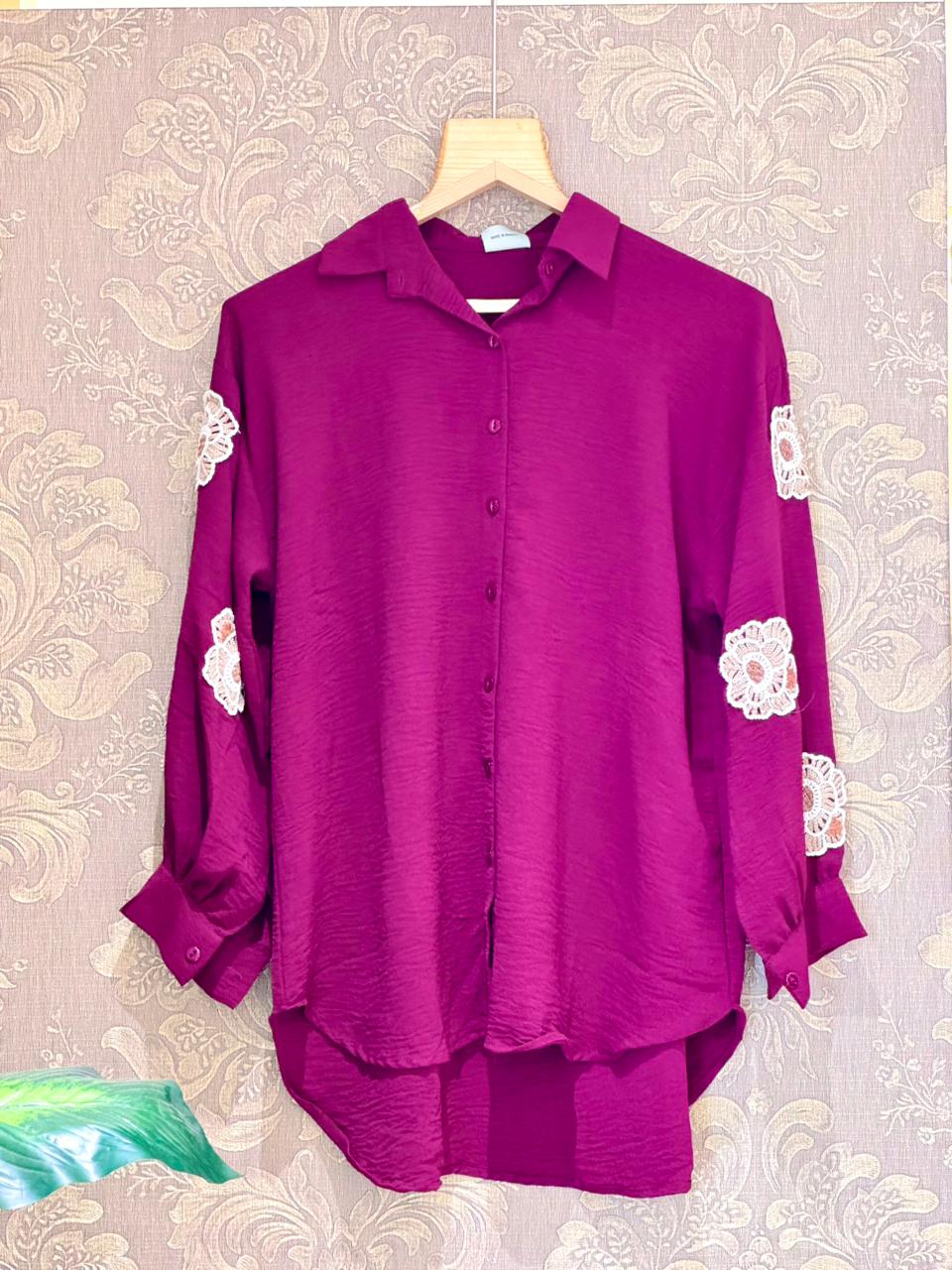 Elegant Magenta Tunic Top with Floral Lace Sleeves 1736