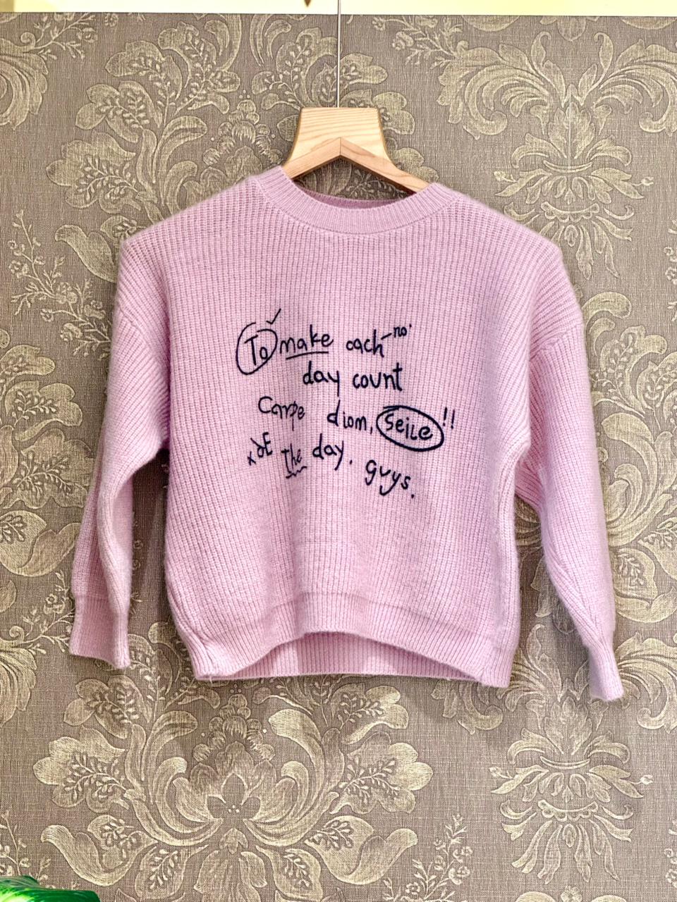Light Pink "Carpe Diem" Graphic Knit Sweater 1456