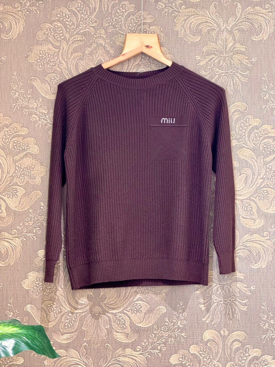 Deep Plum Ribbed Knit Crewneck Sweater 1410