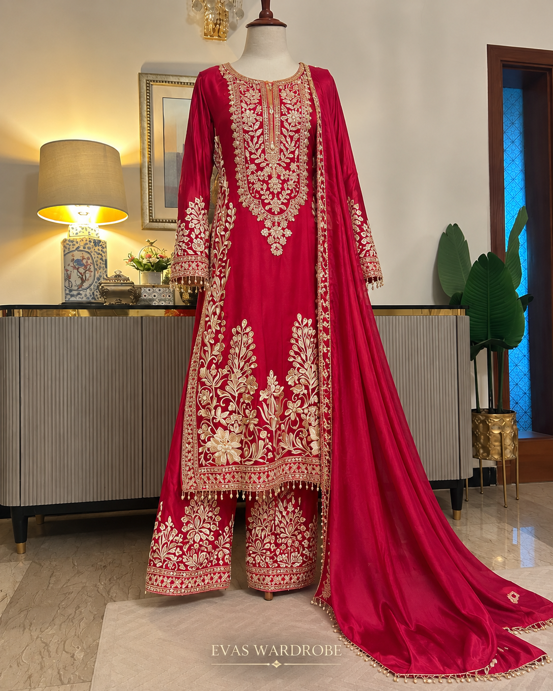 Magenta Heavy Embroidered Faux Georgette Pakistani Suit Set with Palazzo & Dupatta