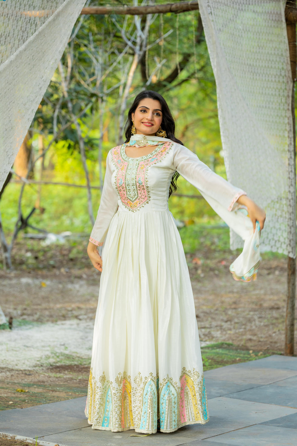 Heavy Designer Chinon Silk Party Wear Gown with Embroidered Dupatta 20345