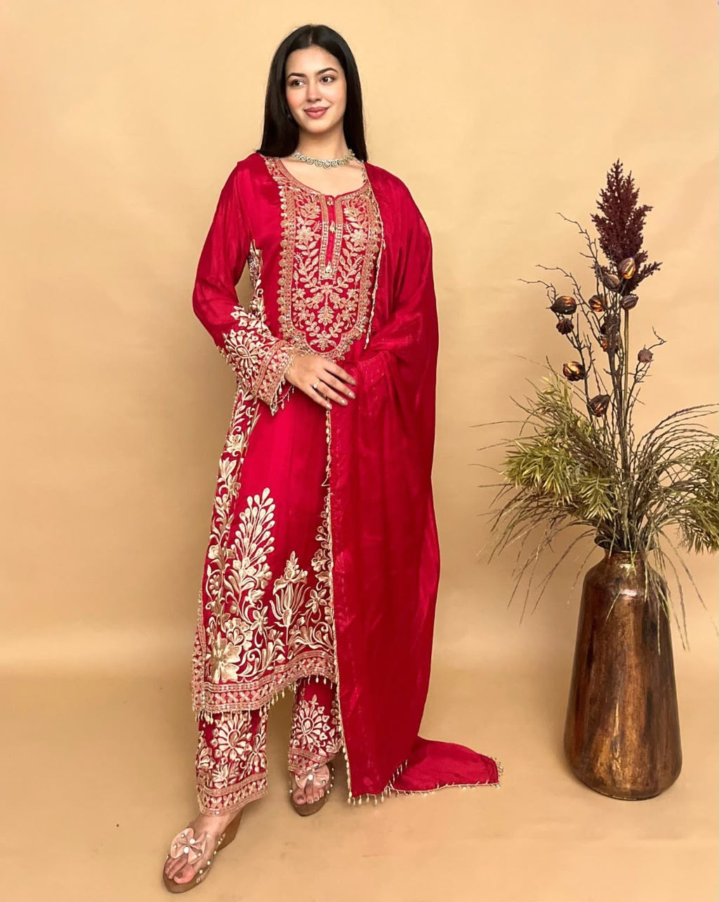 Magenta Heavy Embroidered Faux Georgette Pakistani Suit Set with Palazzo & Dupatta