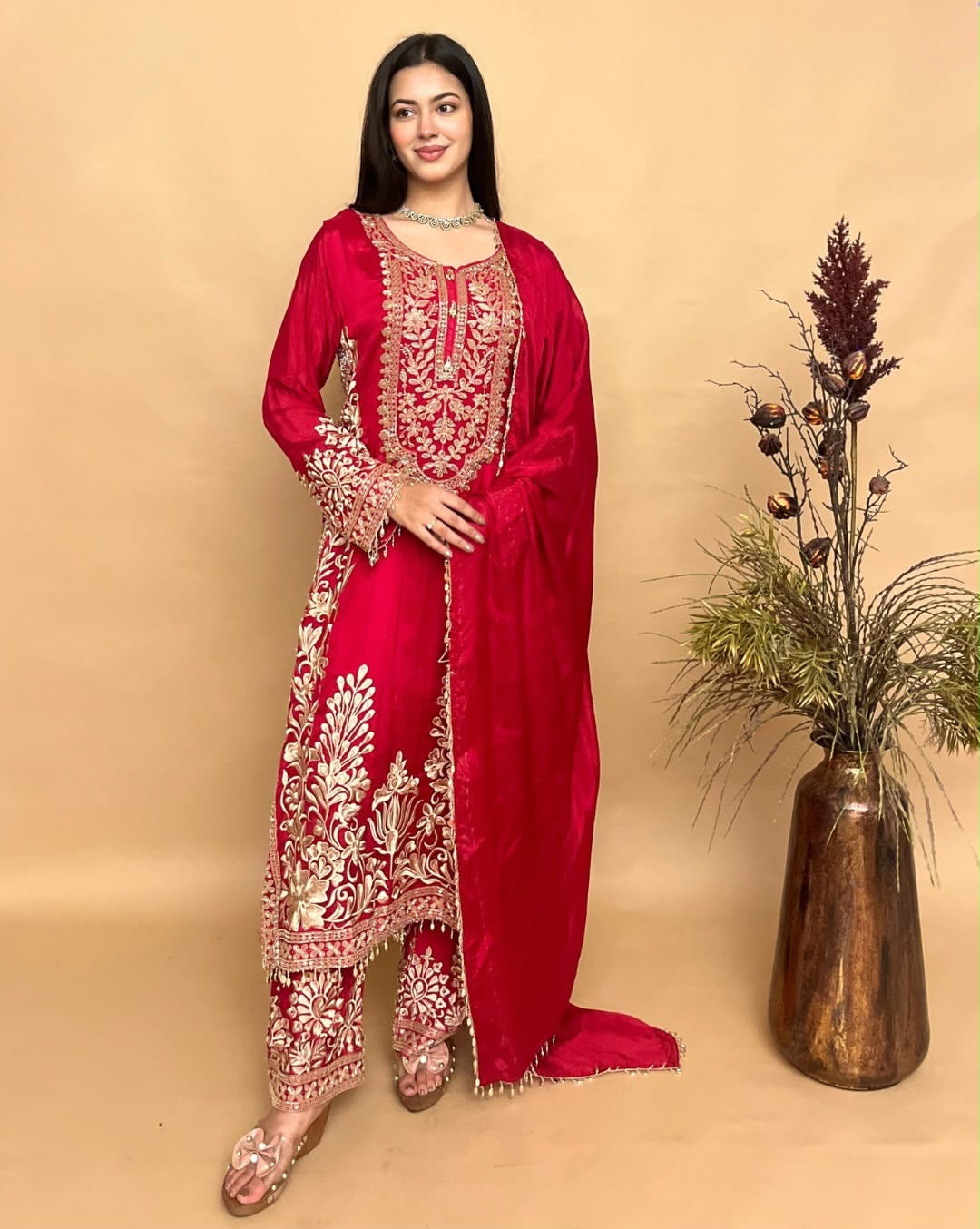 Magenta Heavy Embroidered Faux Georgette Pakistani Suit Set with Palazzo & Dupatta