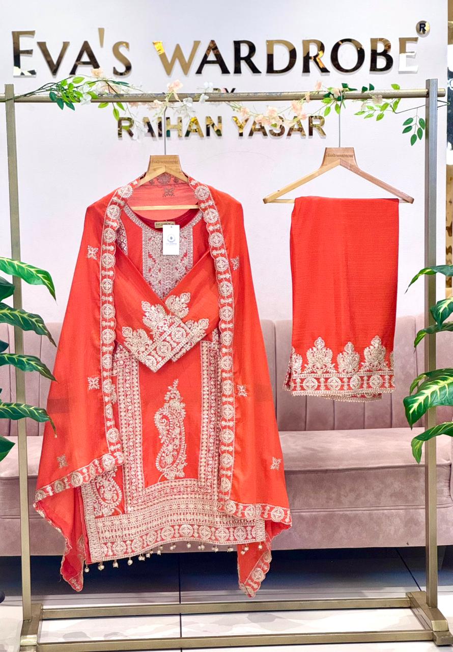 Radiant Coral: Ornate Embroidered Three-Piece Suit 1930