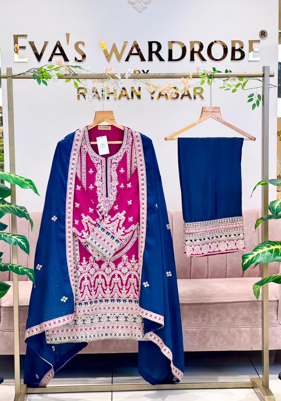 Fuchsia & Navy Elegance: Ornate Embroidered Three-Piece Suit 1928