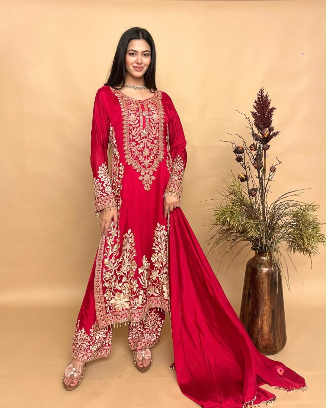 Magenta Heavy Embroidered Faux Georgette Pakistani Suit Set with Palazzo & Dupatta