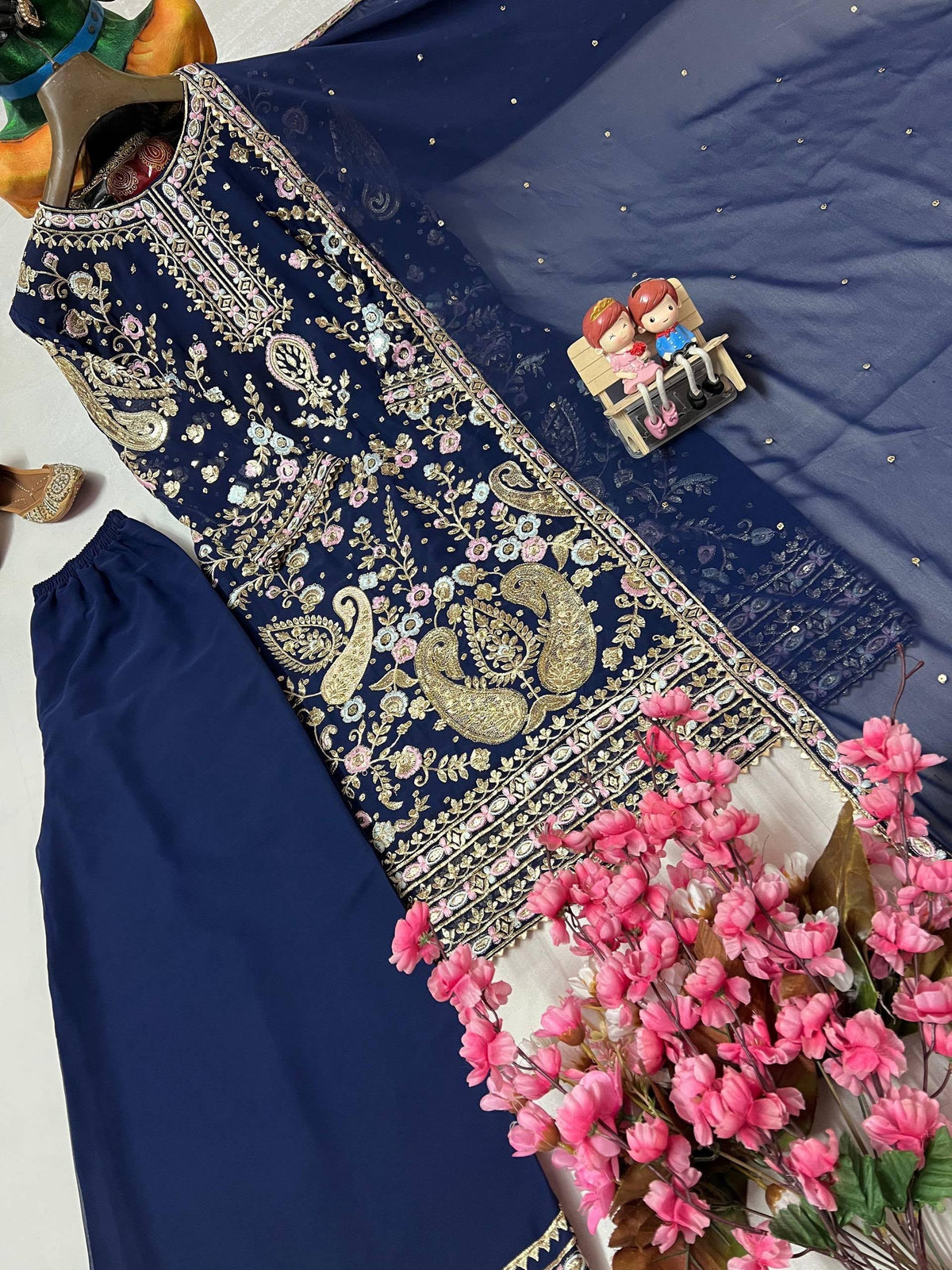 Georgette Embroidered Three-Piece Suit with Palazzo & Dupatta