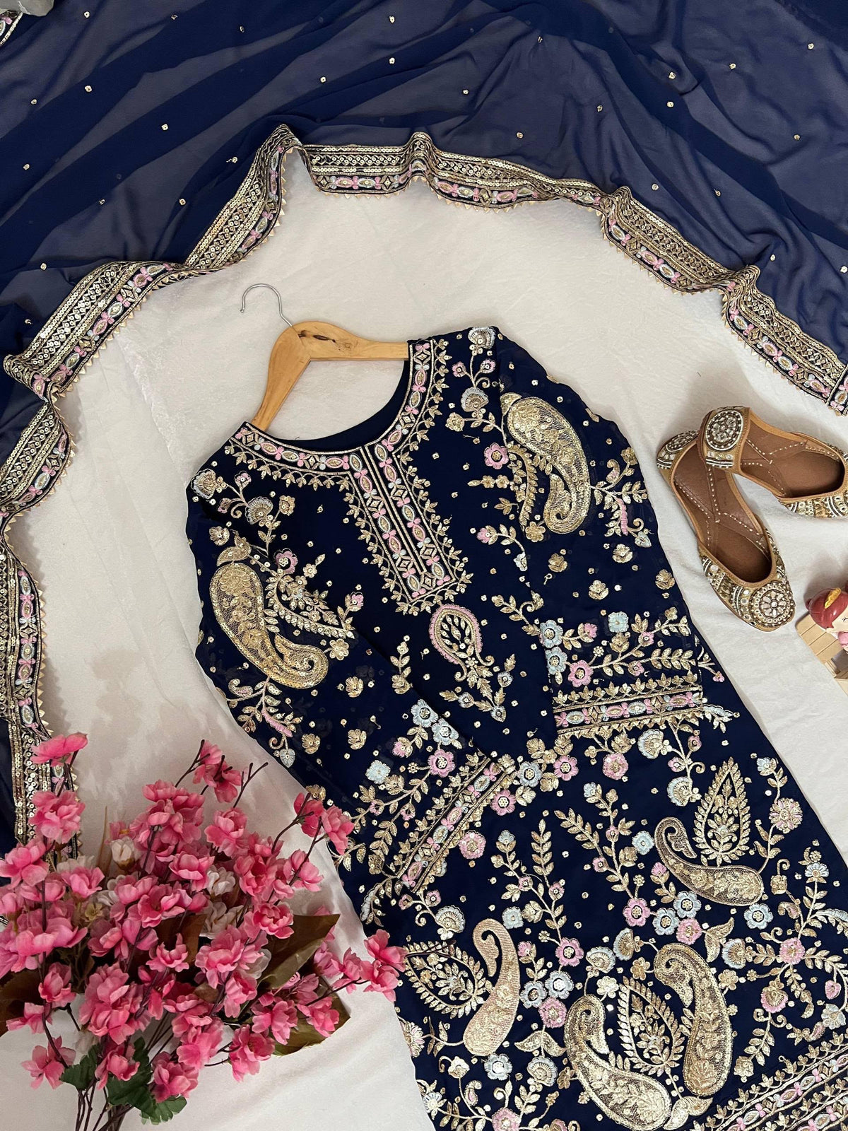 Georgette Embroidered Three-Piece Suit with Palazzo & Dupatta