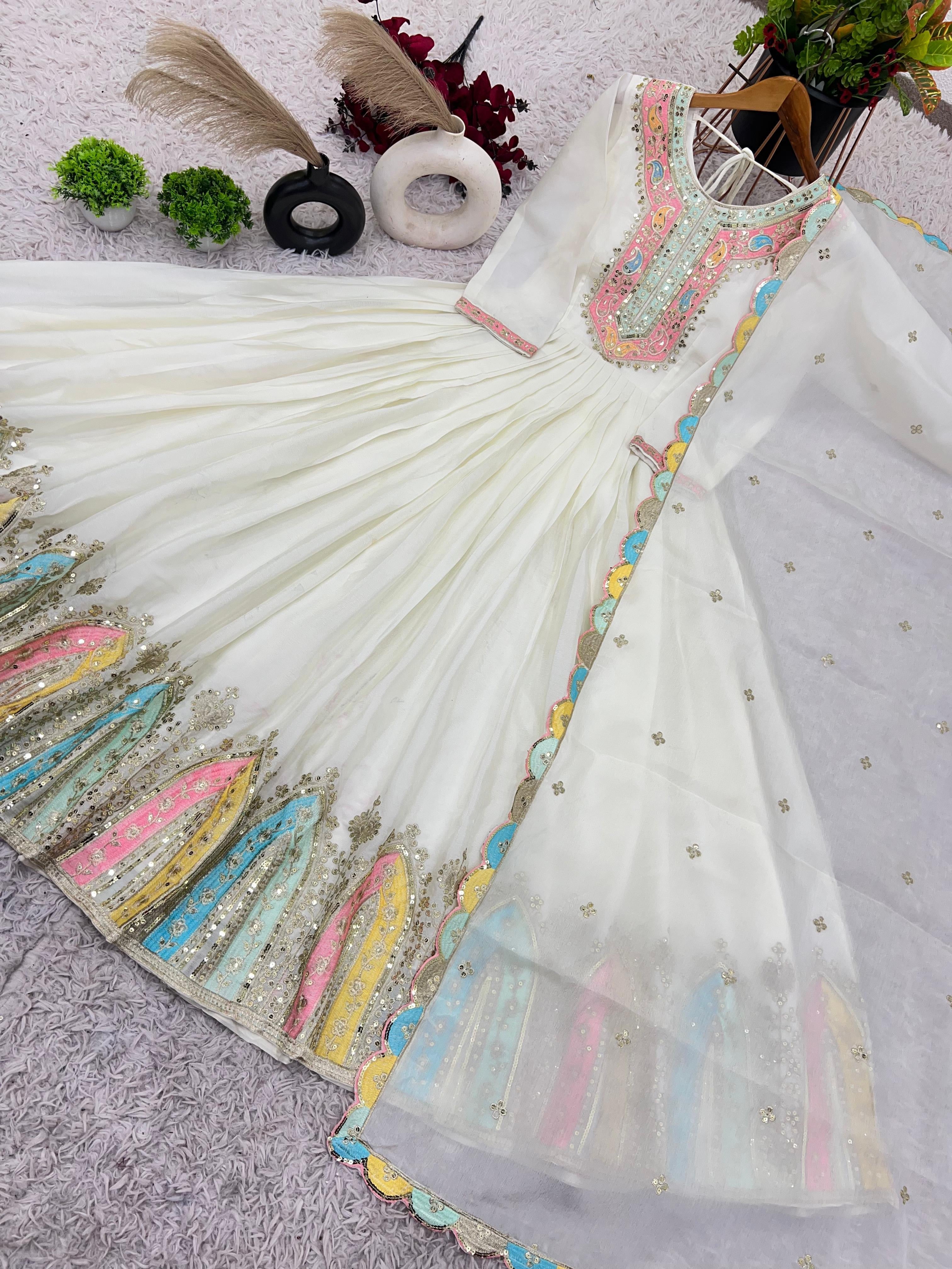 Heavy Designer Chinon Silk Party Wear Gown with Embroidered Dupatta 20345