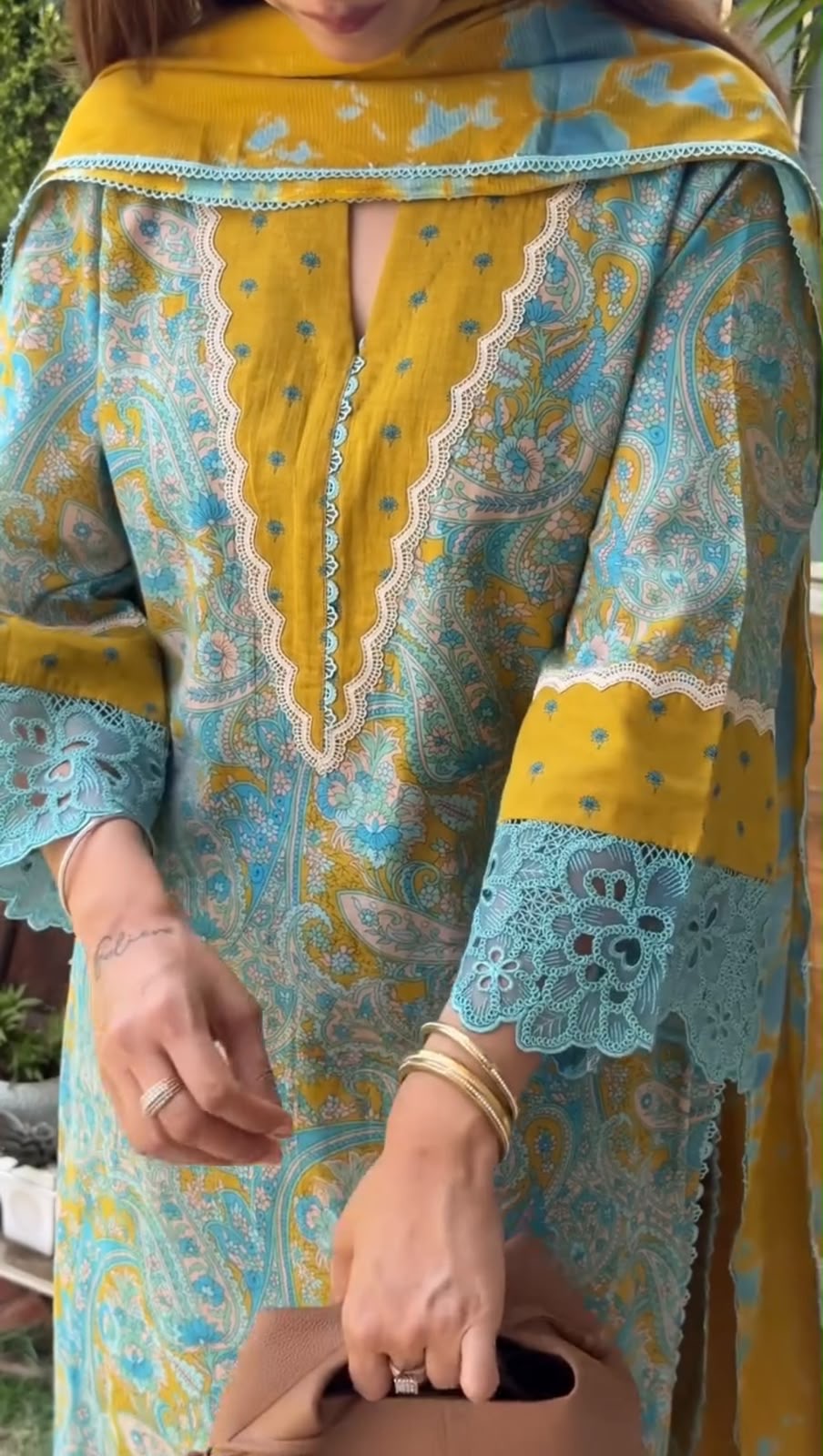 Printed Cambric Cotton Embroidered Suit with Farshi Palazzo & Chiffon Dupatta