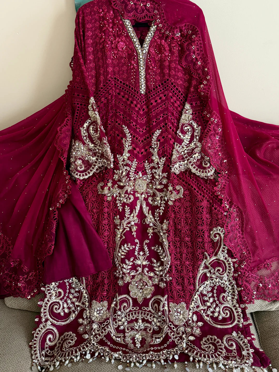 Gulnar crimson Heritage Heavy Embroidered Chiffon Festive Ensemble 1313