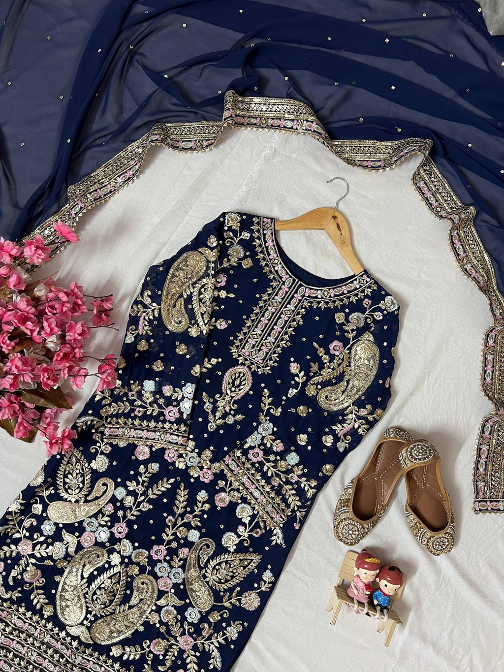 Georgette Embroidered Three-Piece Suit with Palazzo & Dupatta