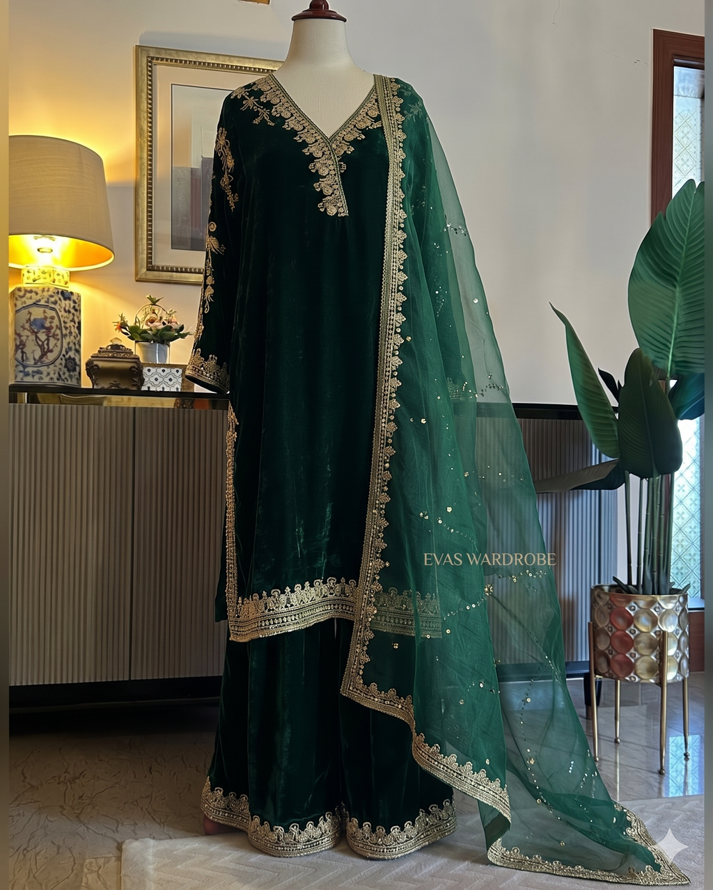 Premium Velvet Embroidered Kurti Palazzo Set with Georgette Dupatta
