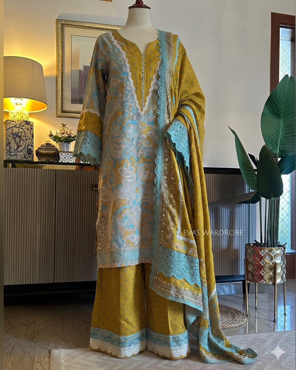 Printed Cambric Cotton Embroidered Suit with Farshi Palazzo & Chiffon Dupatta