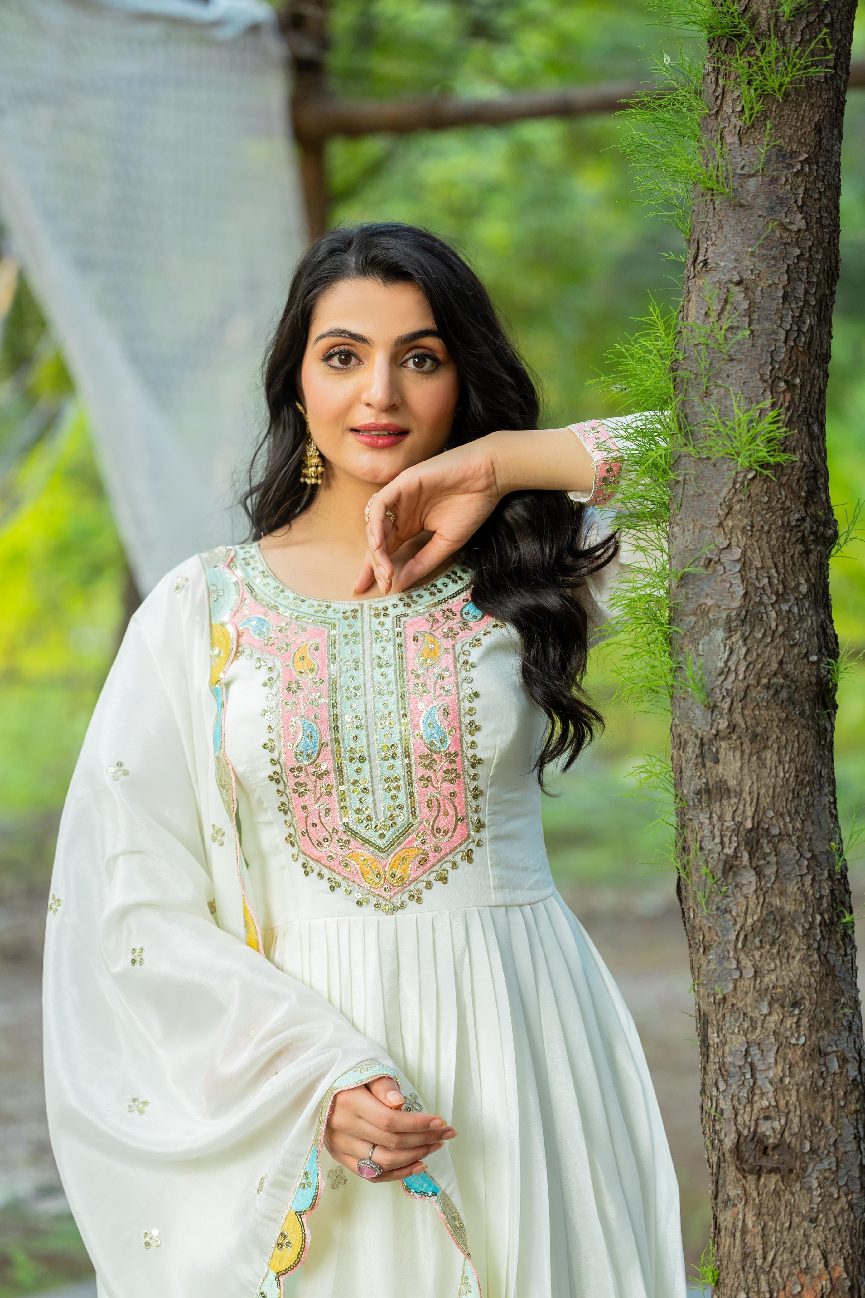 Heavy Designer Chinon Silk Party Wear Gown with Embroidered Dupatta 20345