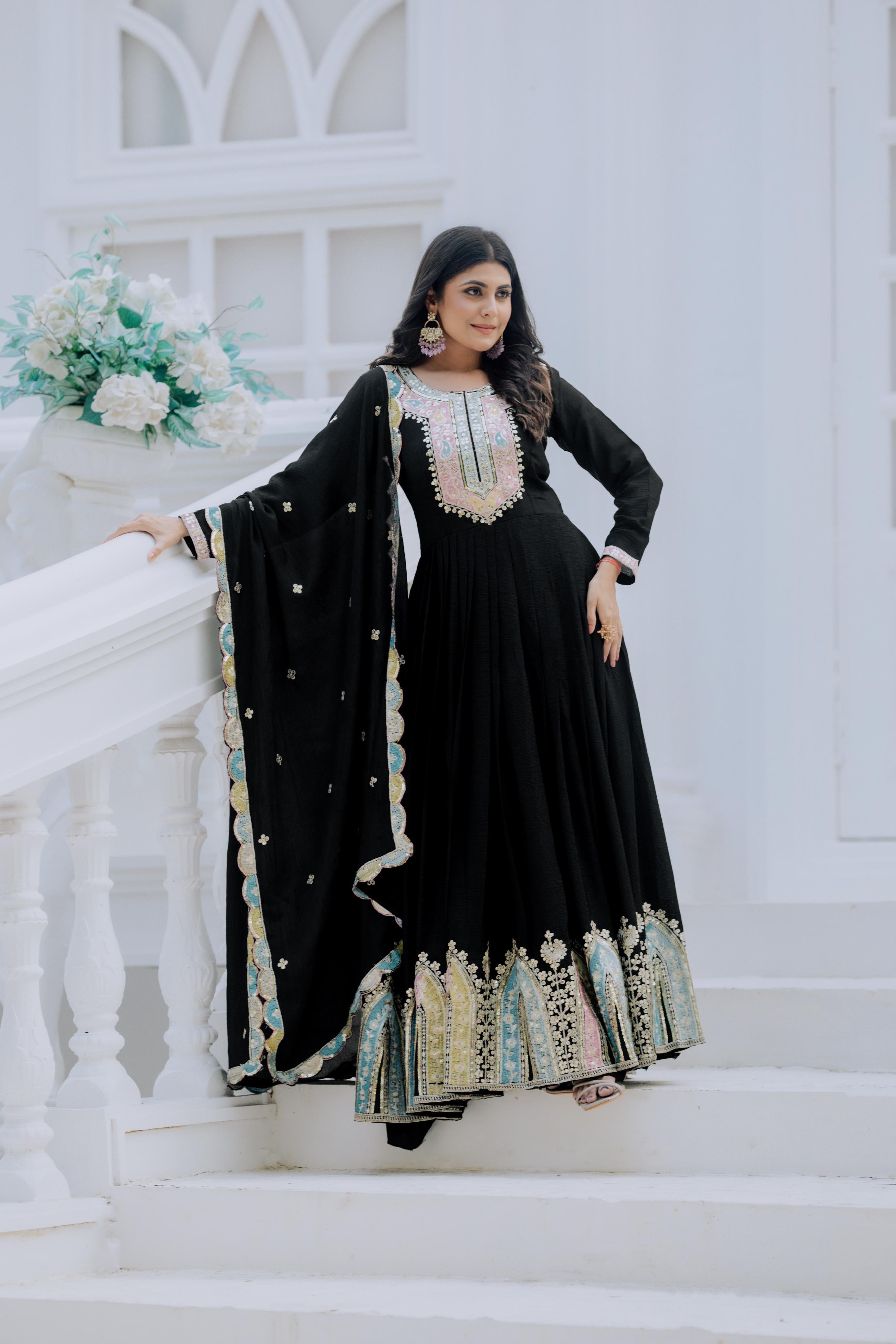 Heavy Designer Chinon Silk Party Wear Gown with Embroidered Dupatta 20345