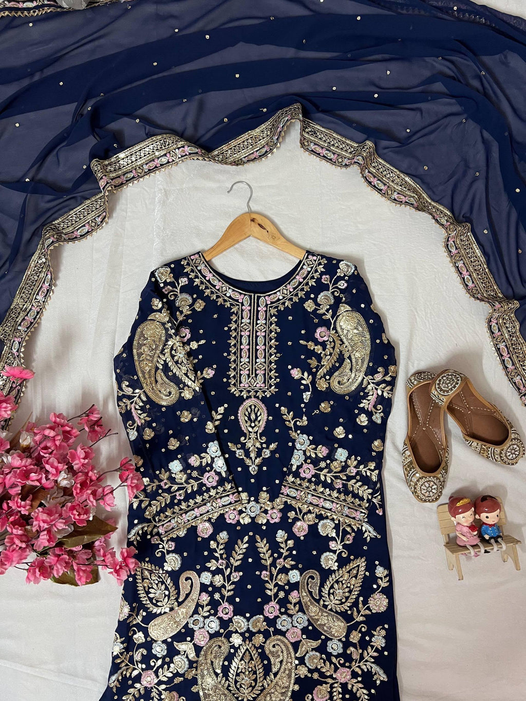 Georgette Embroidered Three-Piece Suit with Palazzo & Dupatta
