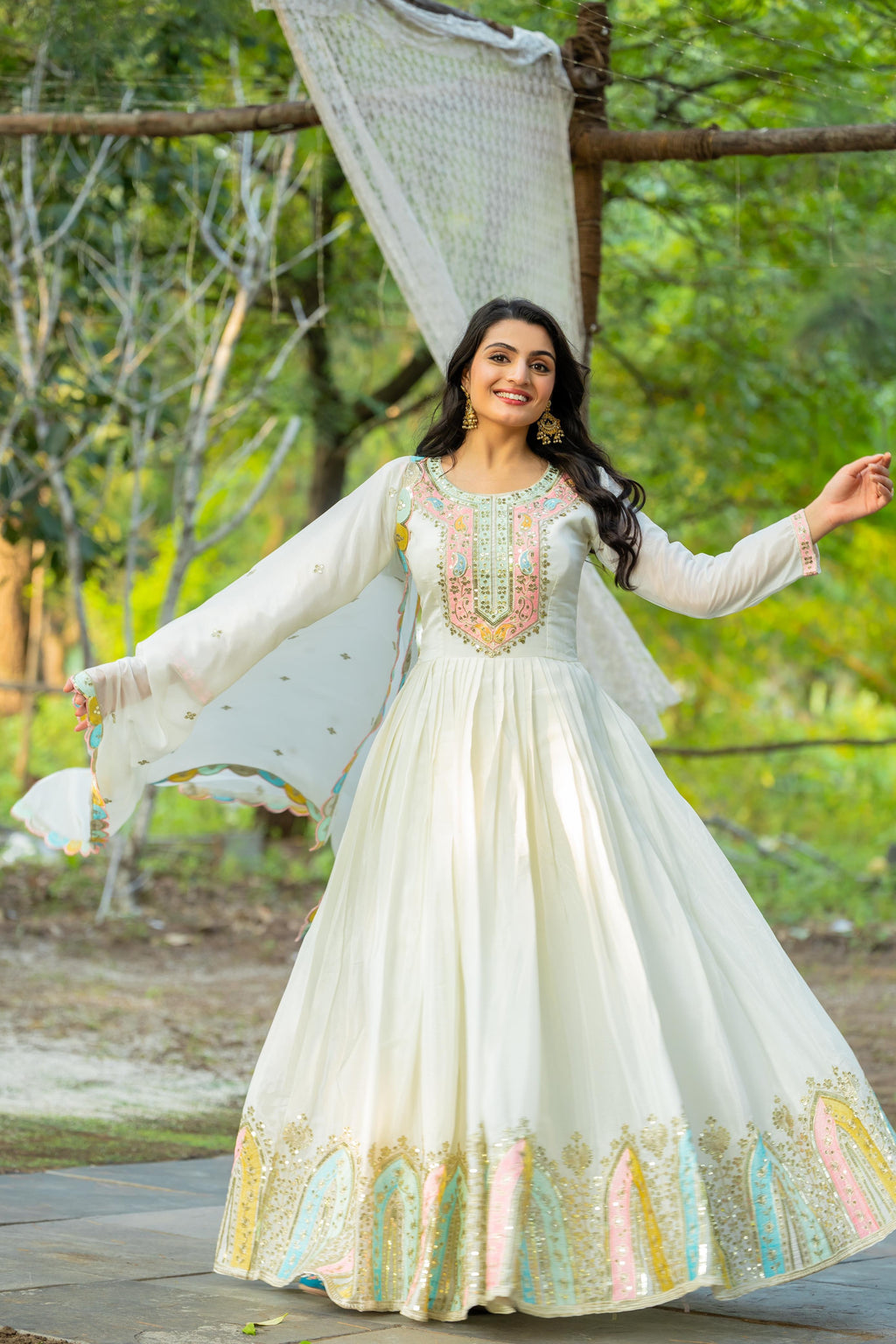 Heavy Designer Chinon Silk Party Wear Gown with Embroidered Dupatta 20345