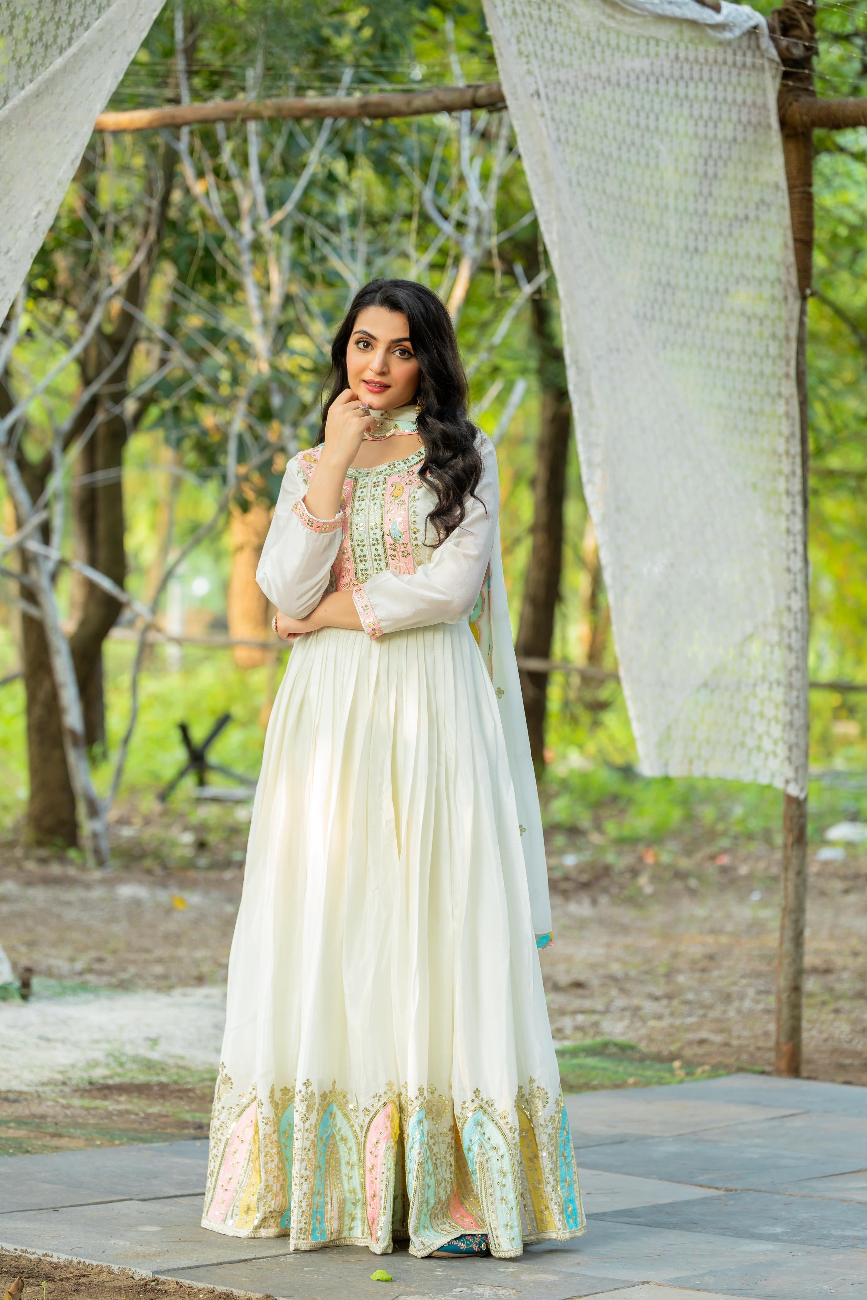 Heavy Designer Chinon Silk Party Wear Gown with Embroidered Dupatta 20345