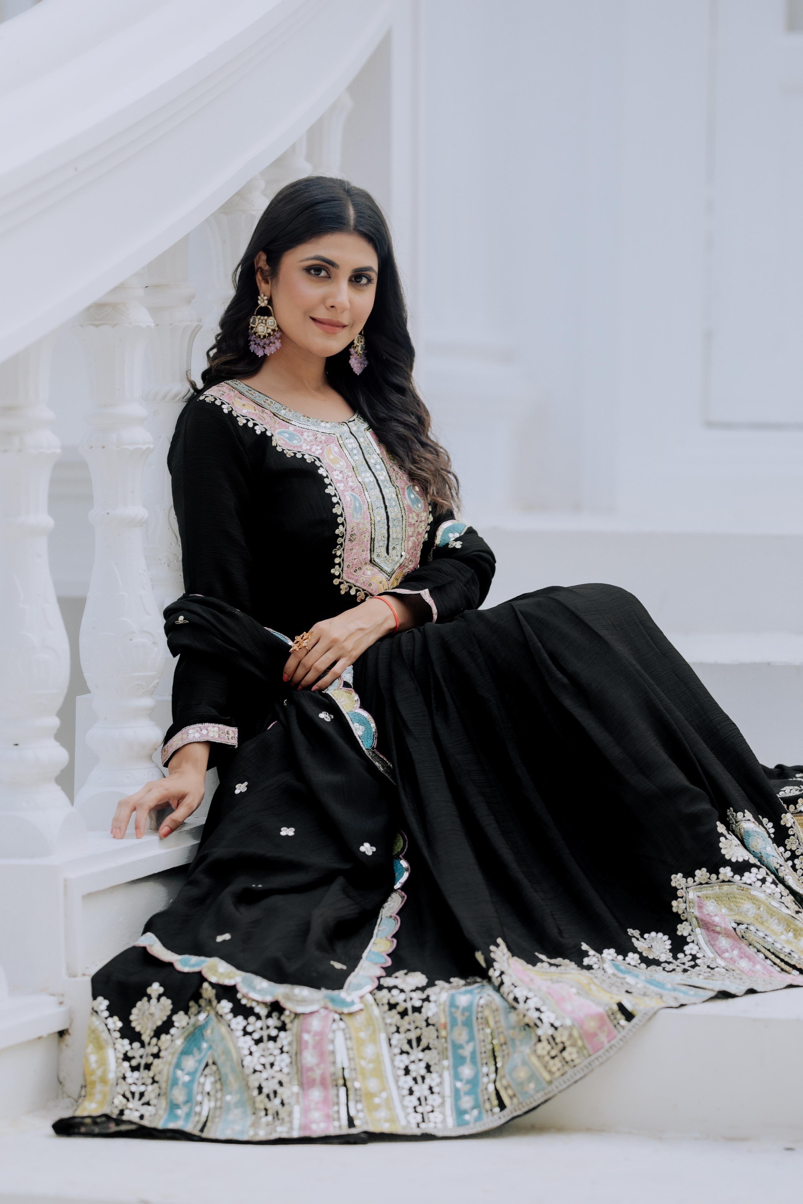 Heavy Designer Chinon Silk Party Wear Gown with Embroidered Dupatta 20345