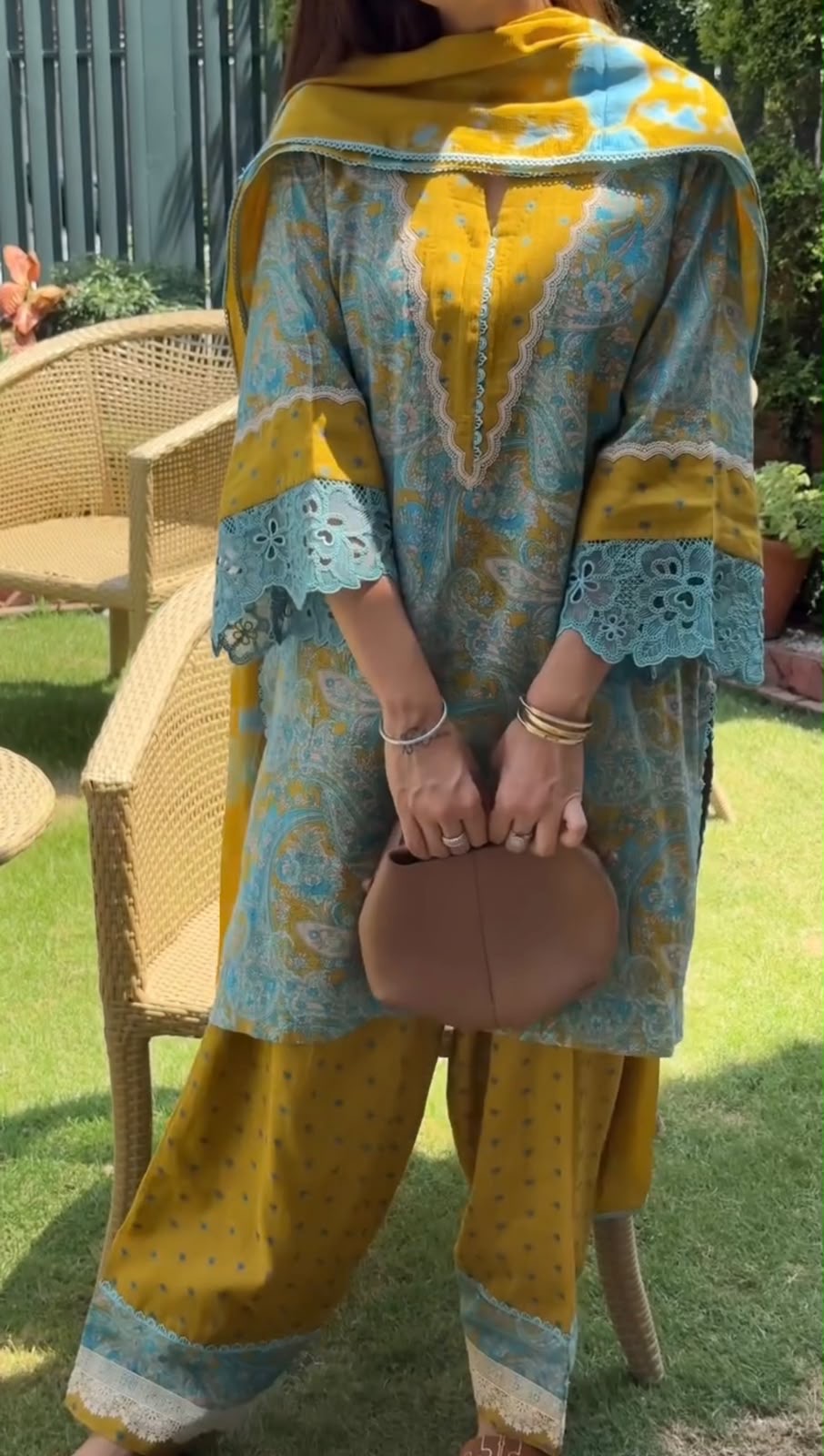Printed Cambric Cotton Embroidered Suit with Farshi Palazzo & Chiffon Dupatta