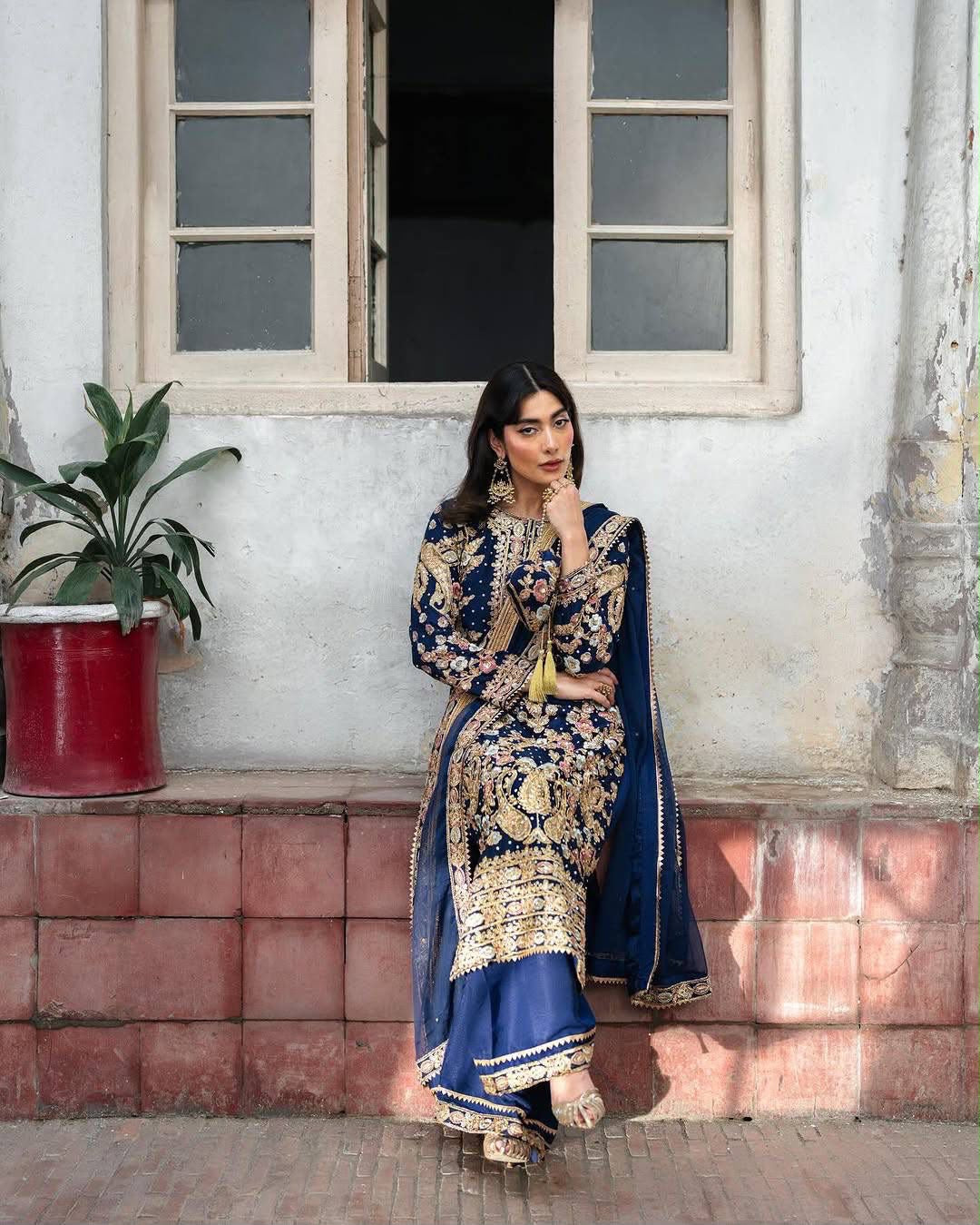 Georgette Embroidered Three-Piece Suit with Palazzo & Dupatta