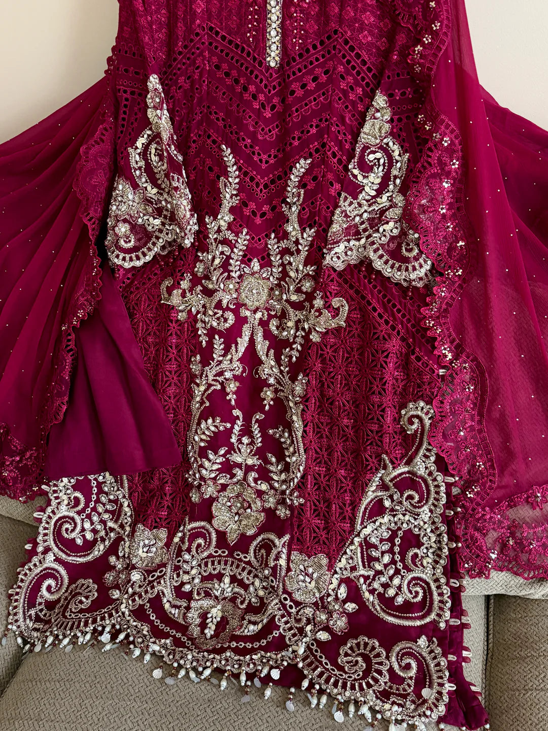 Gulnar crimson Heritage Heavy Embroidered Chiffon Festive Ensemble 1313