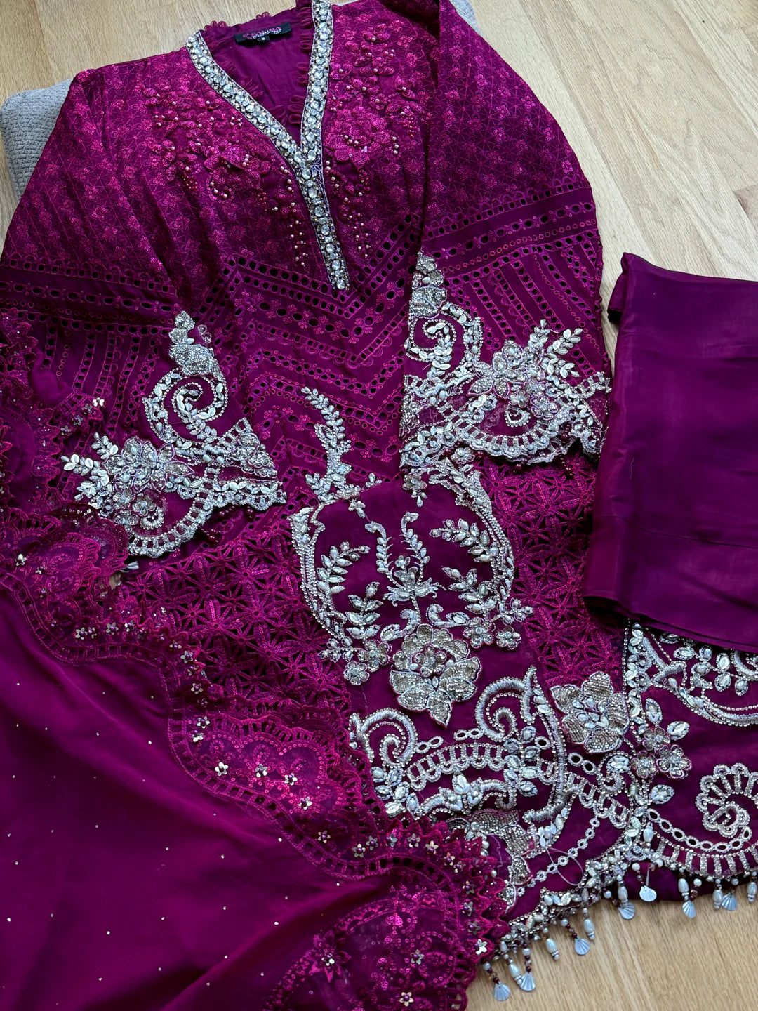 Gulnar crimson Heritage Heavy Embroidered Chiffon Festive Ensemble 1313