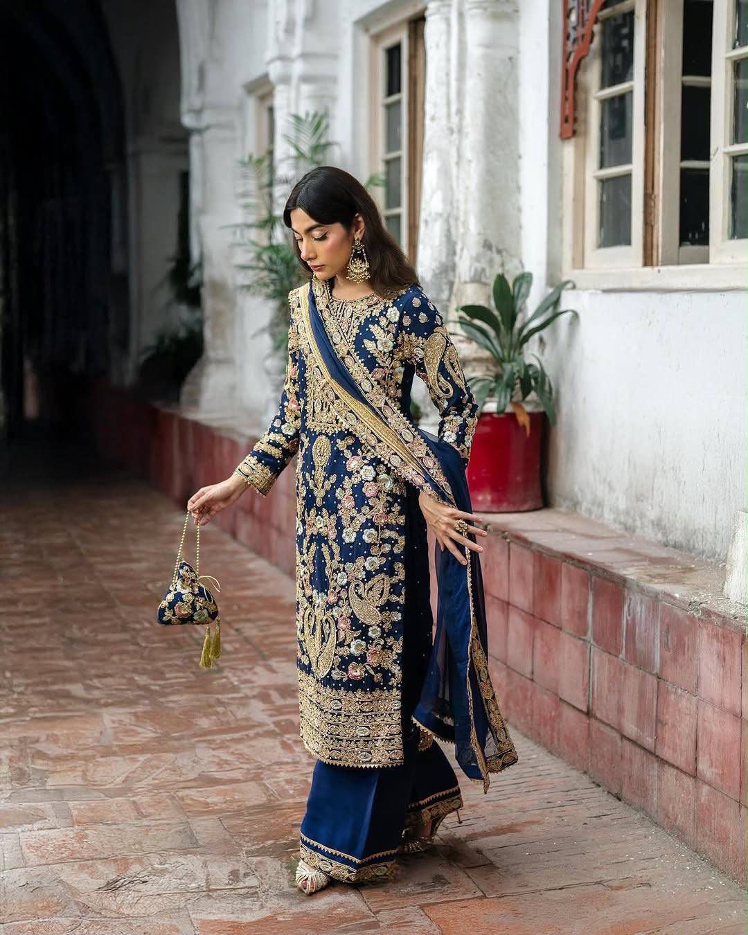 Georgette Embroidered Three-Piece Suit with Palazzo & Dupatta