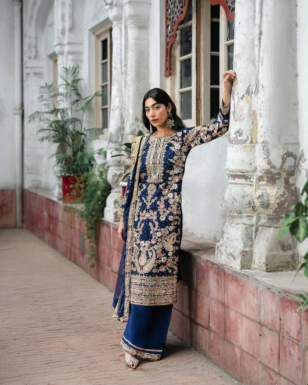 Georgette Embroidered Three-Piece Suit with Palazzo & Dupatta