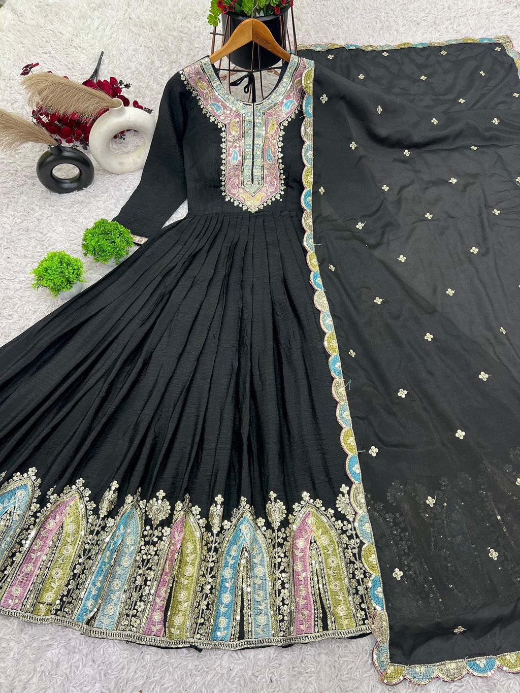 Heavy Designer Chinon Silk Party Wear Gown with Embroidered Dupatta 20345