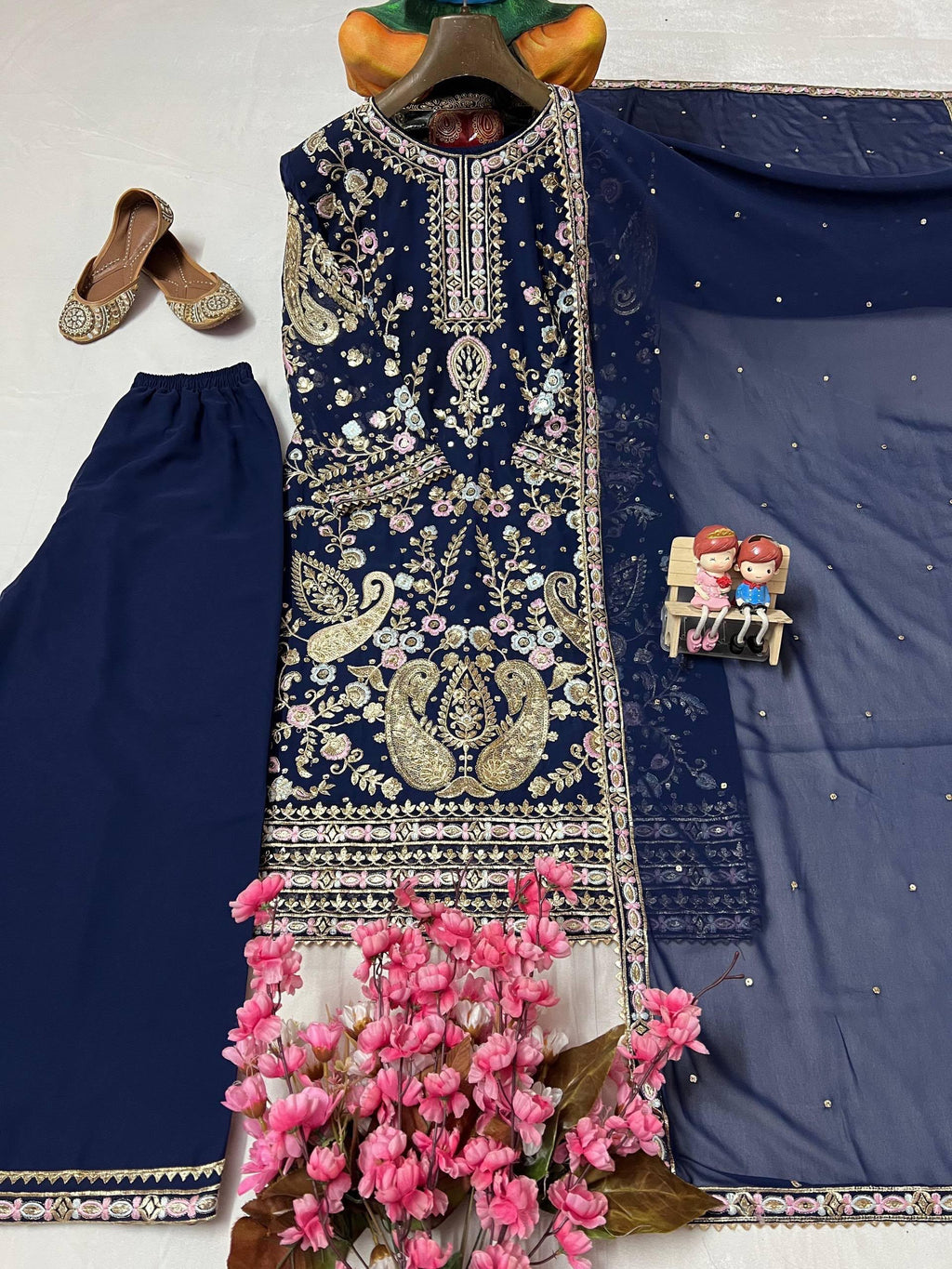 Georgette Embroidered Three-Piece Suit with Palazzo & Dupatta