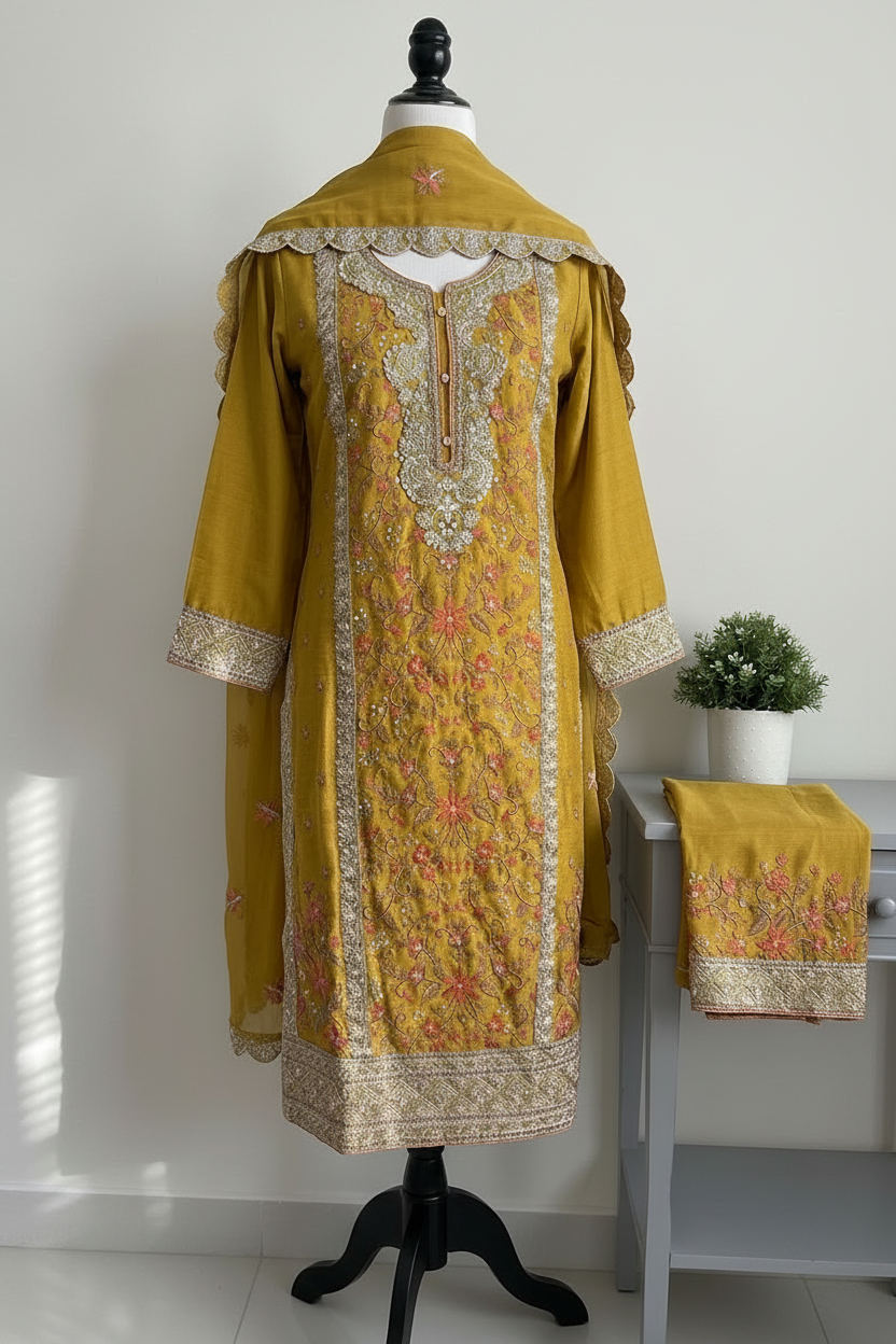 Golden Mustard: Center-Panel Floral Embroidered Three-Piece Suit 1833