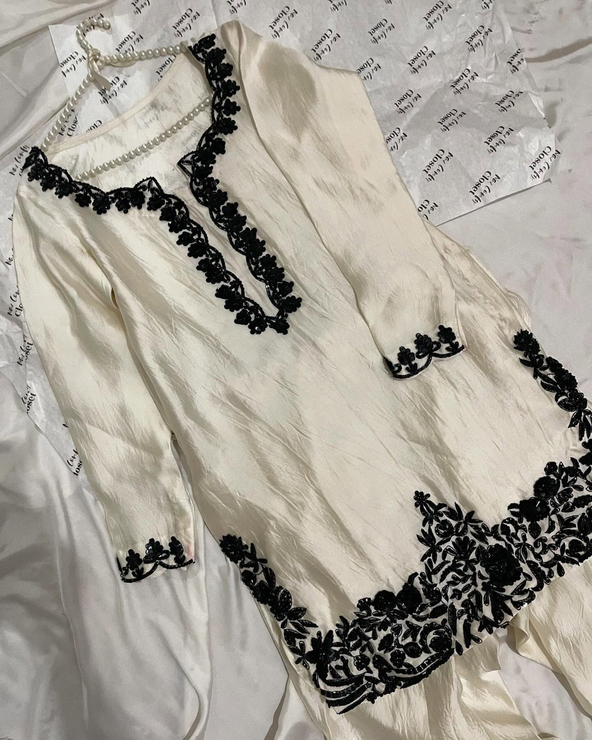 Ivory French Crepe Embroidered Kurti Salwar Set with Navy Blue Chinon Dupatta