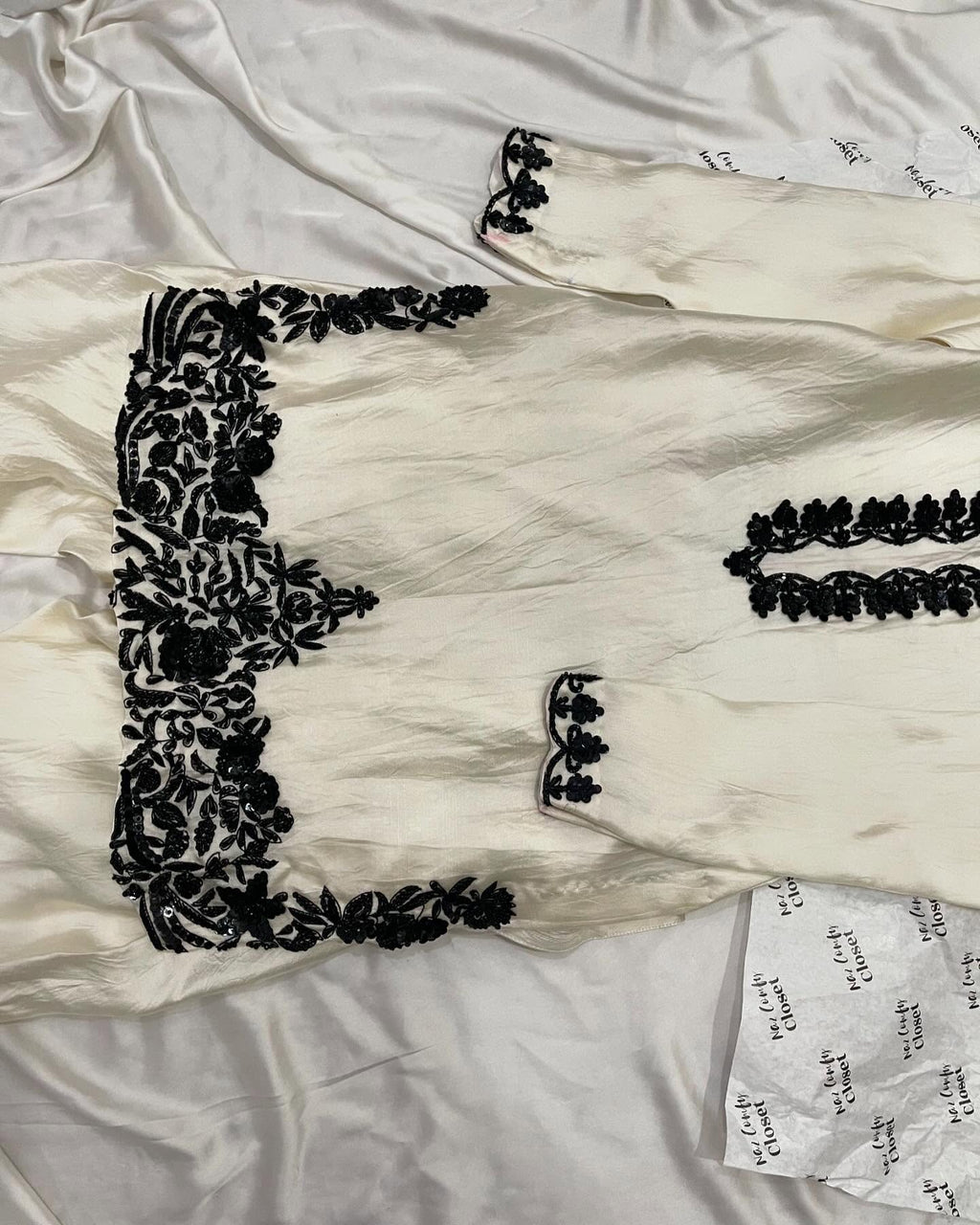 Ivory French Crepe Embroidered Kurti Salwar Set with Navy Blue Chinon Dupatta