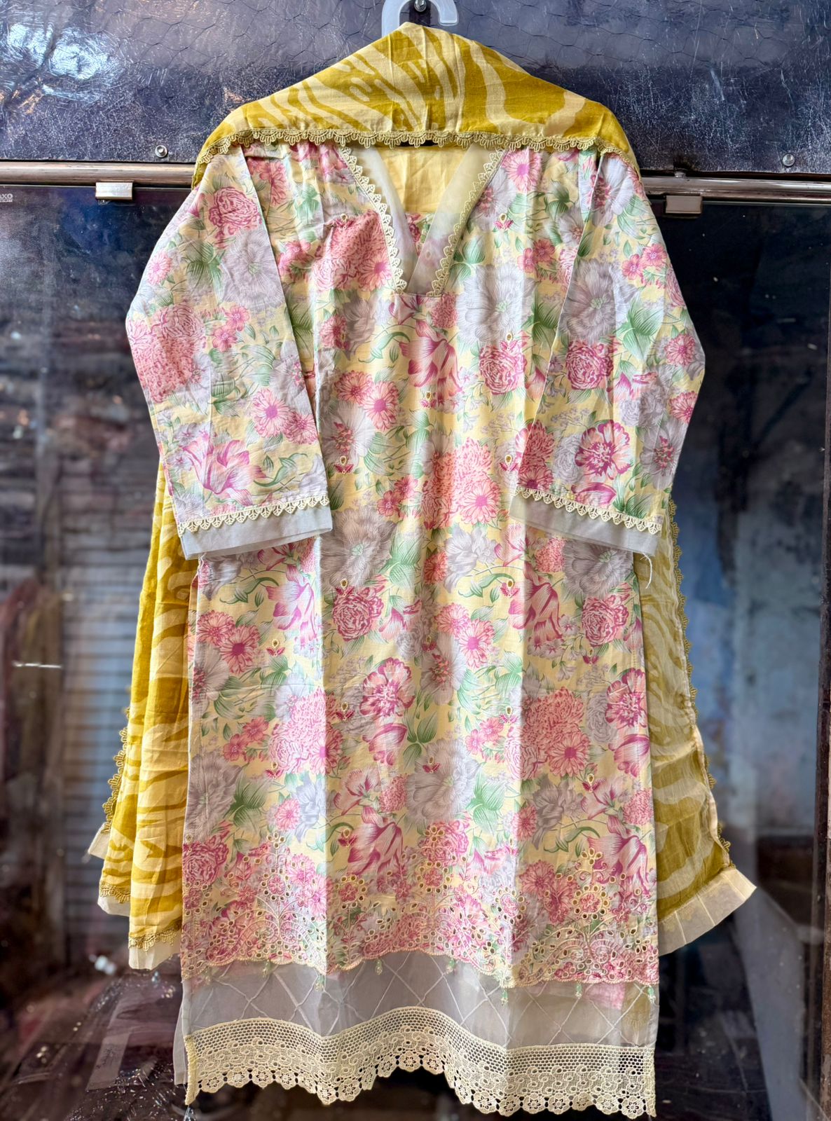 Original Pakistani Lawn Suit with Heavy Organza Patchwork & Lace Detailing 3702