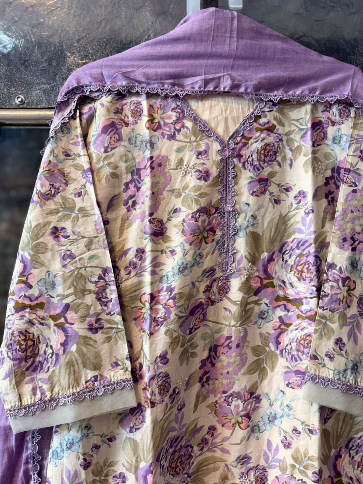 Elegant Original Pakistani Lawn Suit with Organza Patch & Lace Detailing 3705