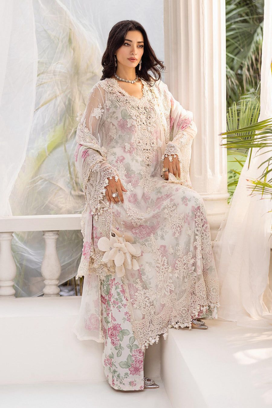 Ivory Bloom Embroidered Chiffon Ensemble 1711