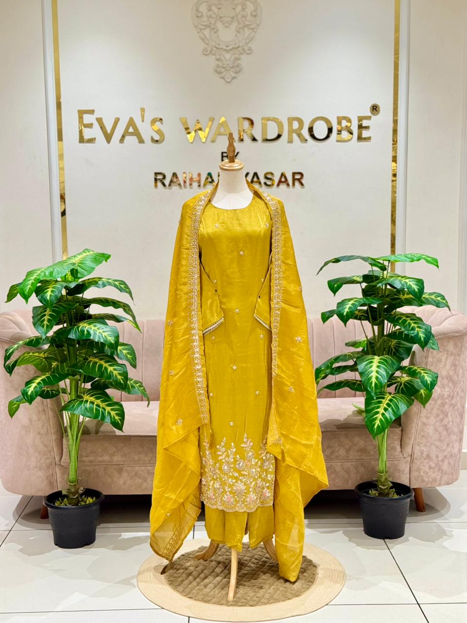 Sun-Kissed Mustard Raw Silk Heavily Embroidered Festive Suit 1230