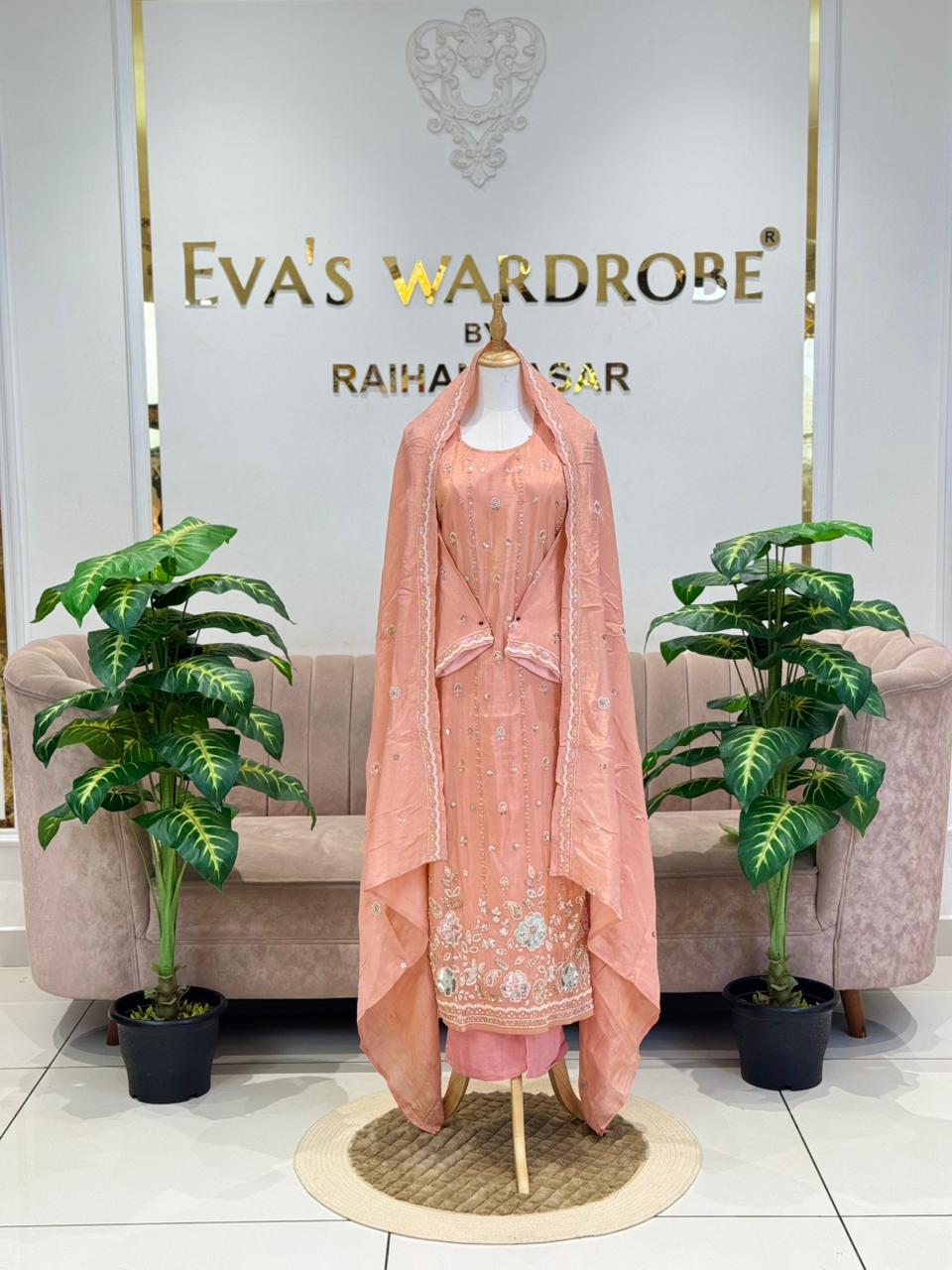 Soft Coral Pink Heavily Embroidered Festive Silk Suit 1242
